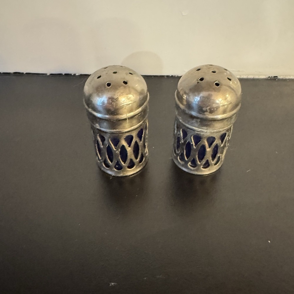 Apex Silver Plate Cobalt Blue Glass Salt Pepper Shakers Vtg‎ Made In England